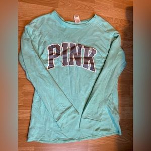 Pink crewneck with sparkly writing. Color: Teal with black & silver sparkles